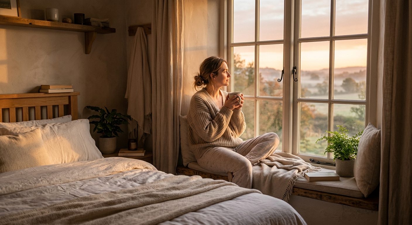 Rolig morgen med varmere sollys gennem vinduet, person i sengekanten i fred og ro