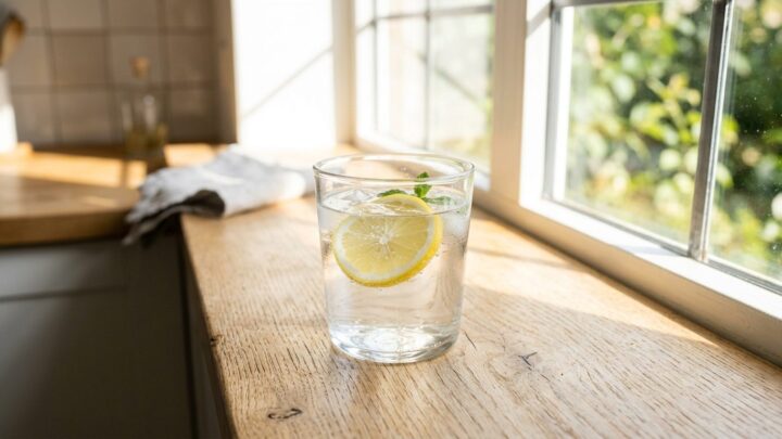 Frisk vand med citronsnegl i glas på solbeskinnet køkkenbord, symboliserer daglig væskeindtag