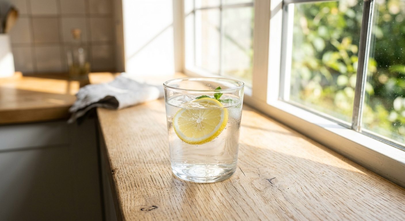 Frisk vand med citronsnegl i glas på solbeskinnet køkkenbord, symboliserer daglig væskeindtag