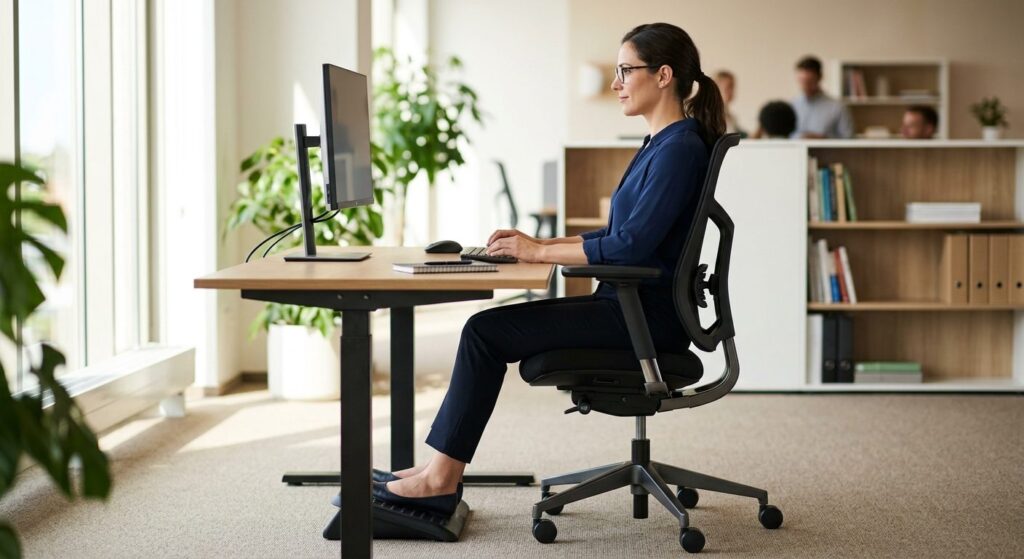 Ergonomisk arbejdsstol med korrekt rygsupport og justering til optimal arbejdsholdning