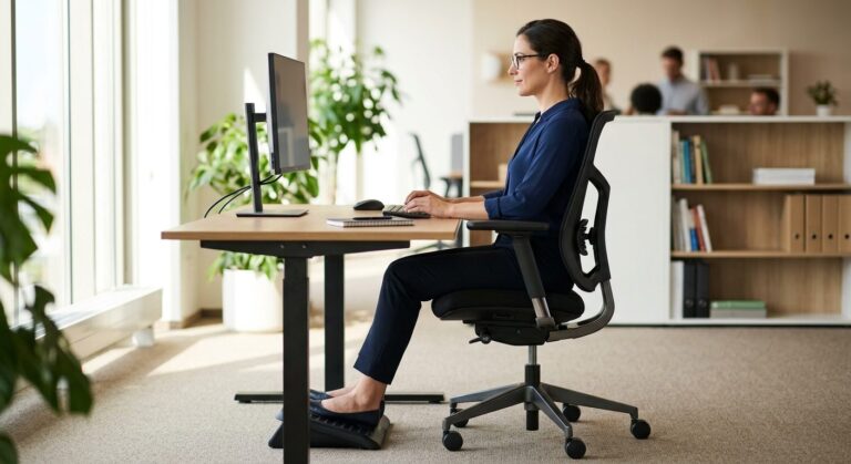 Ergonomisk arbejdsstol med korrekt rygsupport og justering til optimal arbejdsholdning