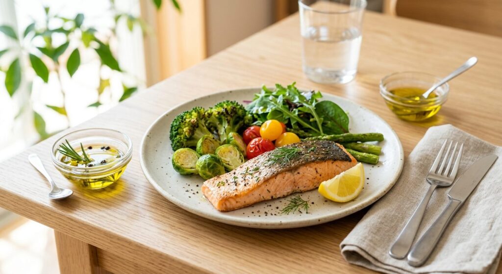 Sund mad med fisk, grøntsager og planteolie som kilder til kolesterol og hjertevenlige næringsstoffer