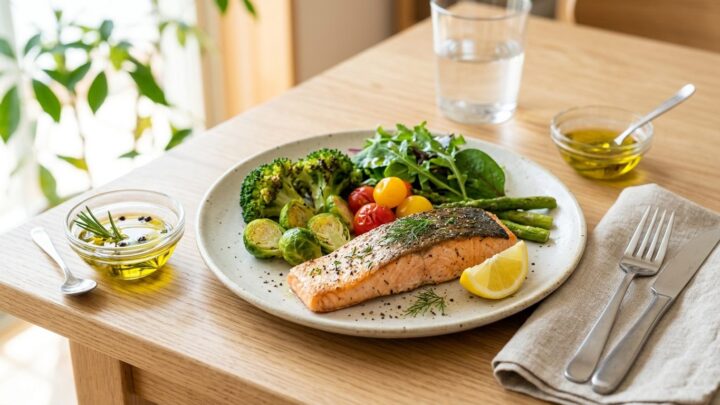 Sund mad med fisk, grøntsager og planteolie som kilder til kolesterol og hjertevenlige næringsstoffer
