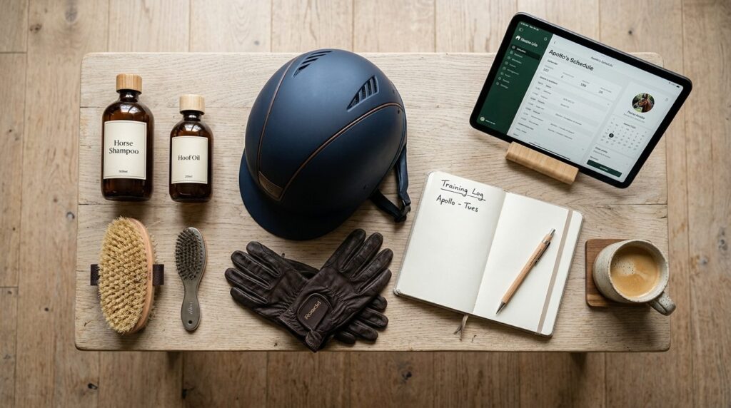 Overhead flat-lay composition of premium equestrian essentia
