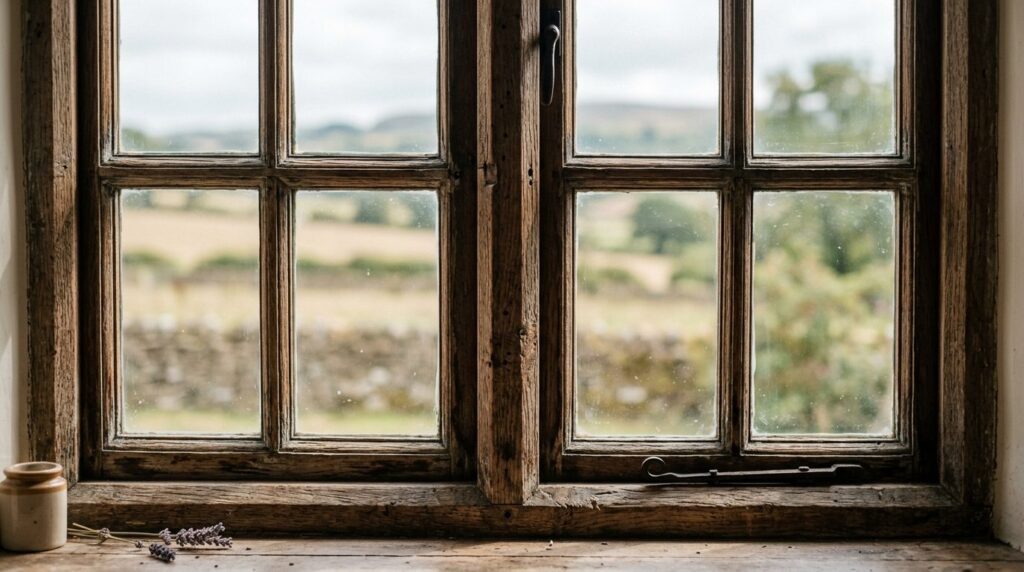 Close-up detail of an authentically restored farmhouse windo