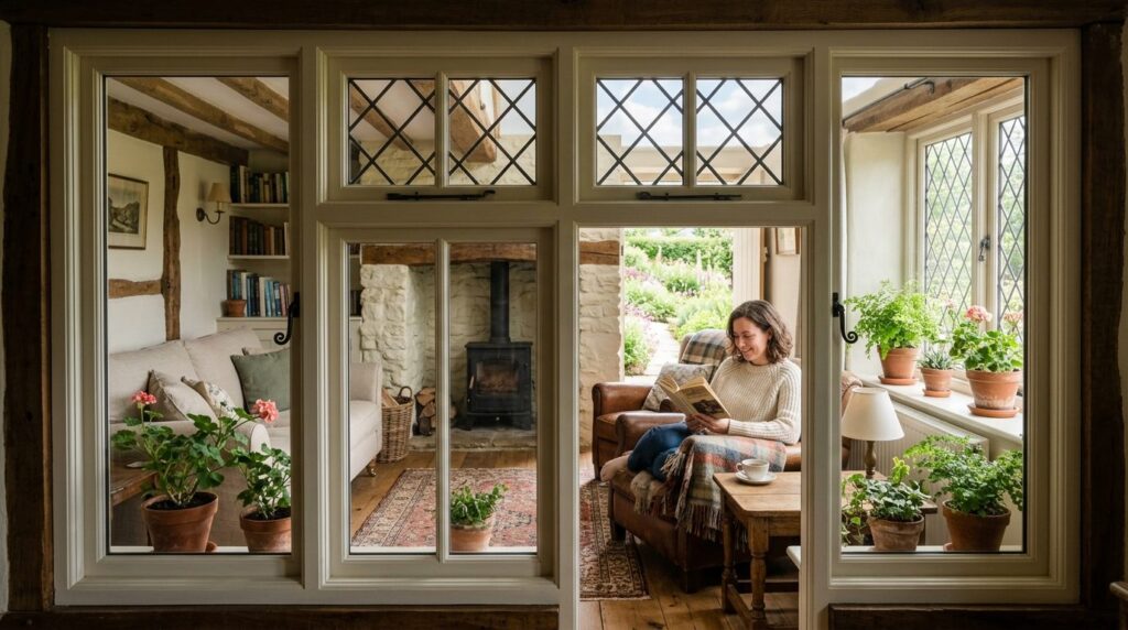 Wide interior shot of a renovated traditional cottage living