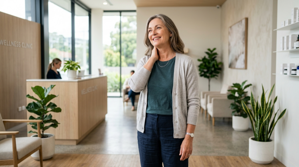 Photorealistic image of a satisfied middle-aged woman in com