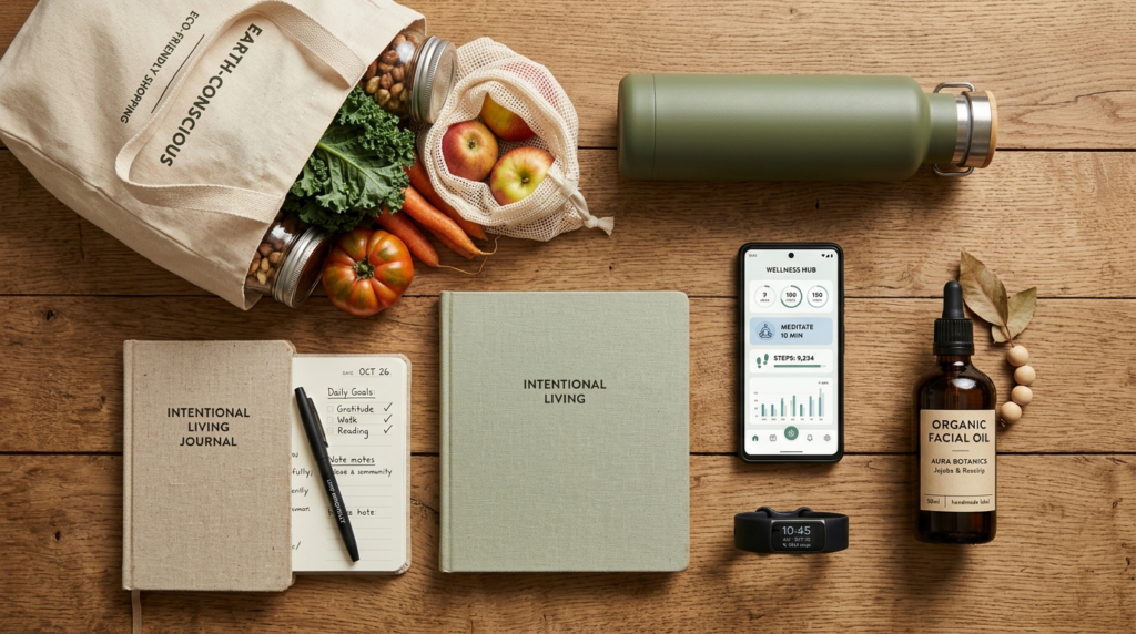 Close-up overhead flat lay photography of a conscious consum