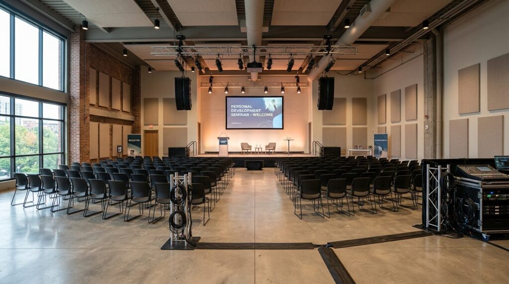 Wide shot of empty event space with properly installed profe