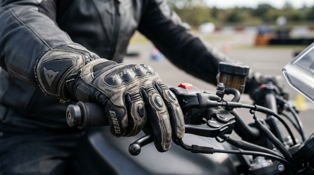Close-up professional photograph of a motorcyclists gloved
