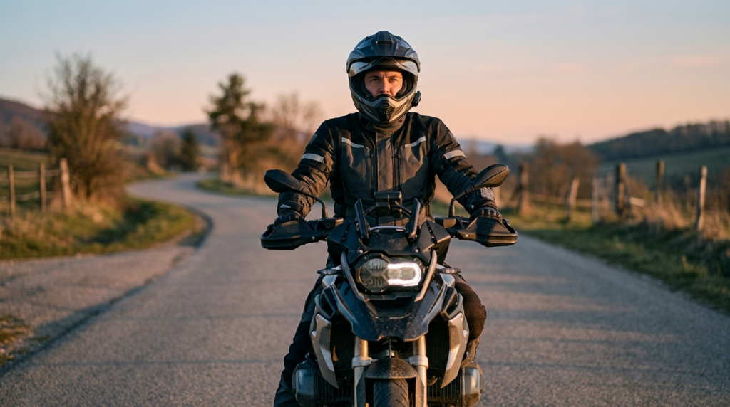 Professional lifestyle photograph of a motorcyclist seated o