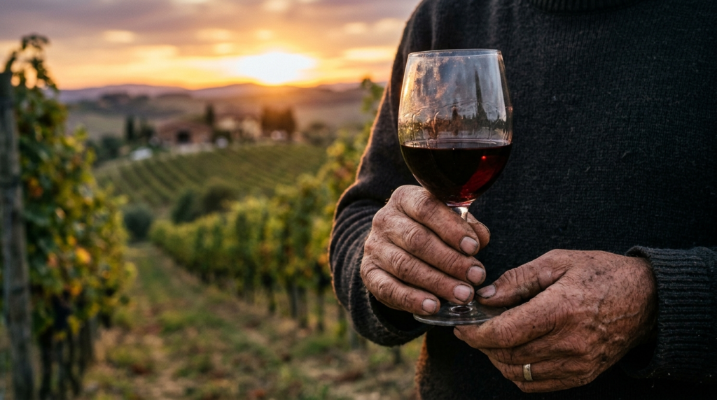 Close-up of weathered hands holding aged wine glass during s