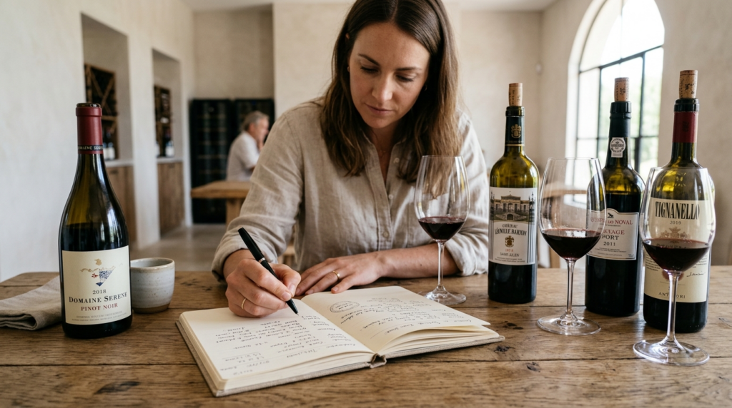 Curated wine tasting experience with open notebook, heritage