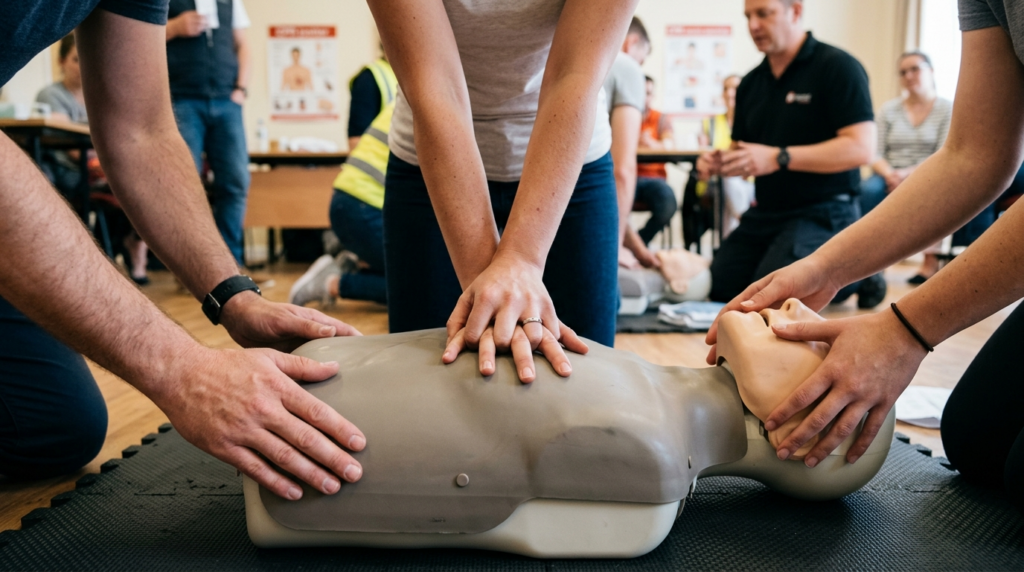Close-up photograph of hands performing CPR chest compressio