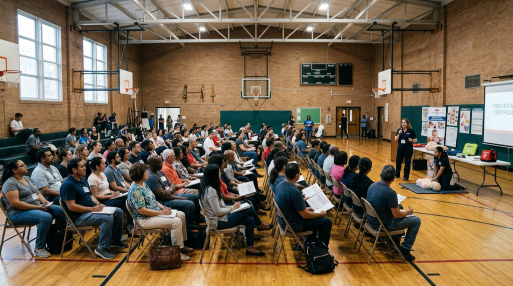 Wide shot of a school gymnasium or community center filled w