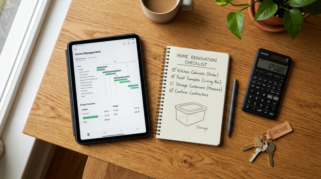 Close-up overhead view of a homeowners workspace with digit