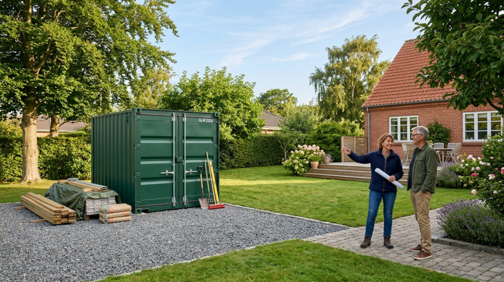 Wide shot of a peaceful residential backyard in Østjylland s