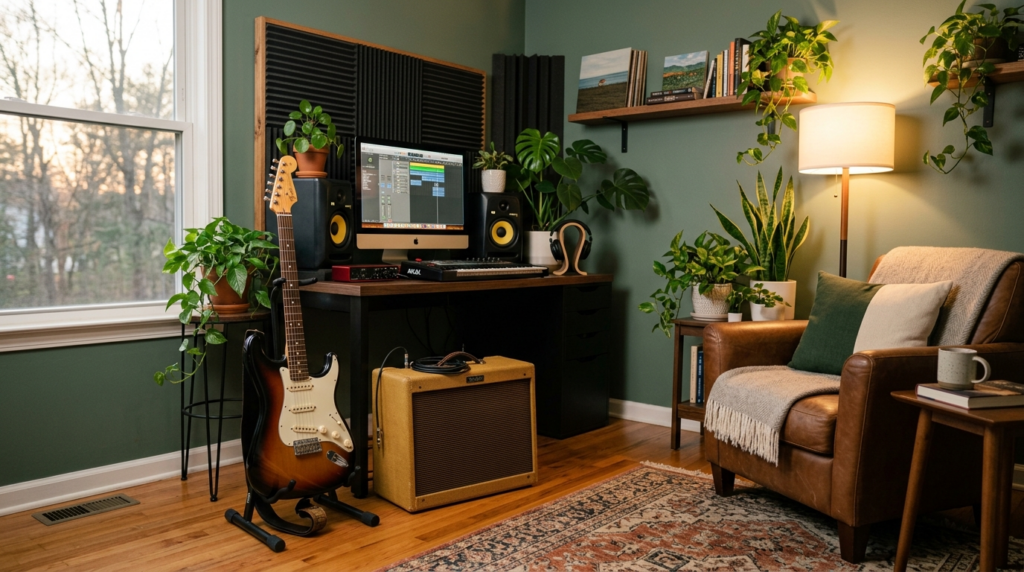 Wide shot of a peaceful home music studio setup with an elec