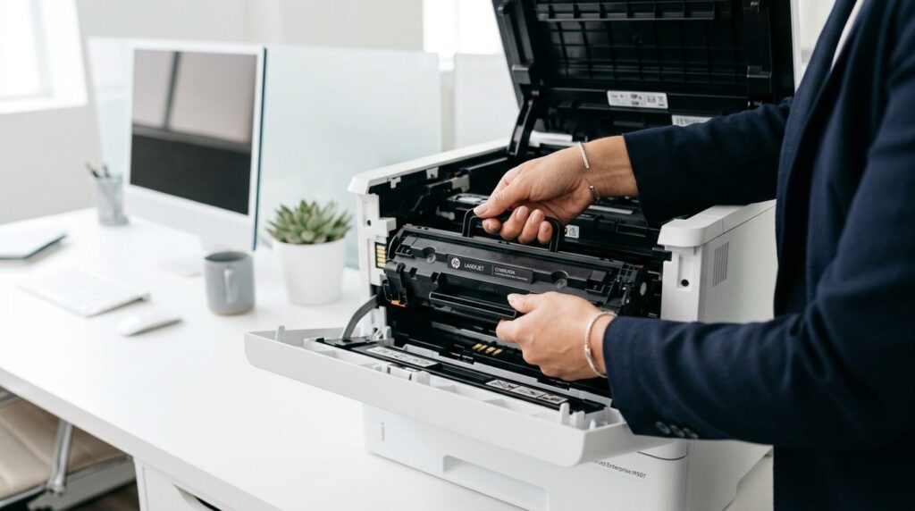 Close-up detail shot of HP LaserJet printer toner cartridge 