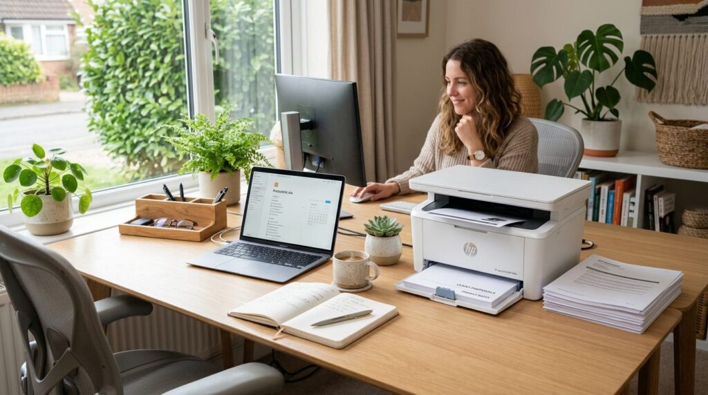 Freelancers home office environment showing organized desk 
